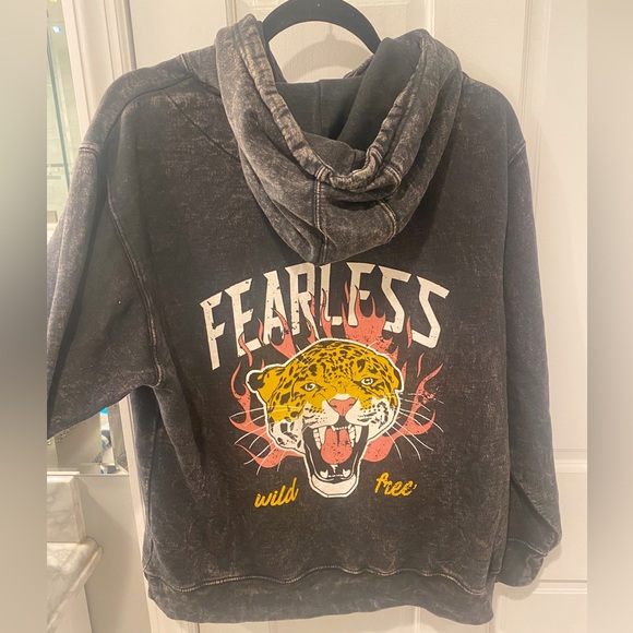 Grey, medium, distressed hoodie with pink and yellow print on the back - Picture 1 of 3